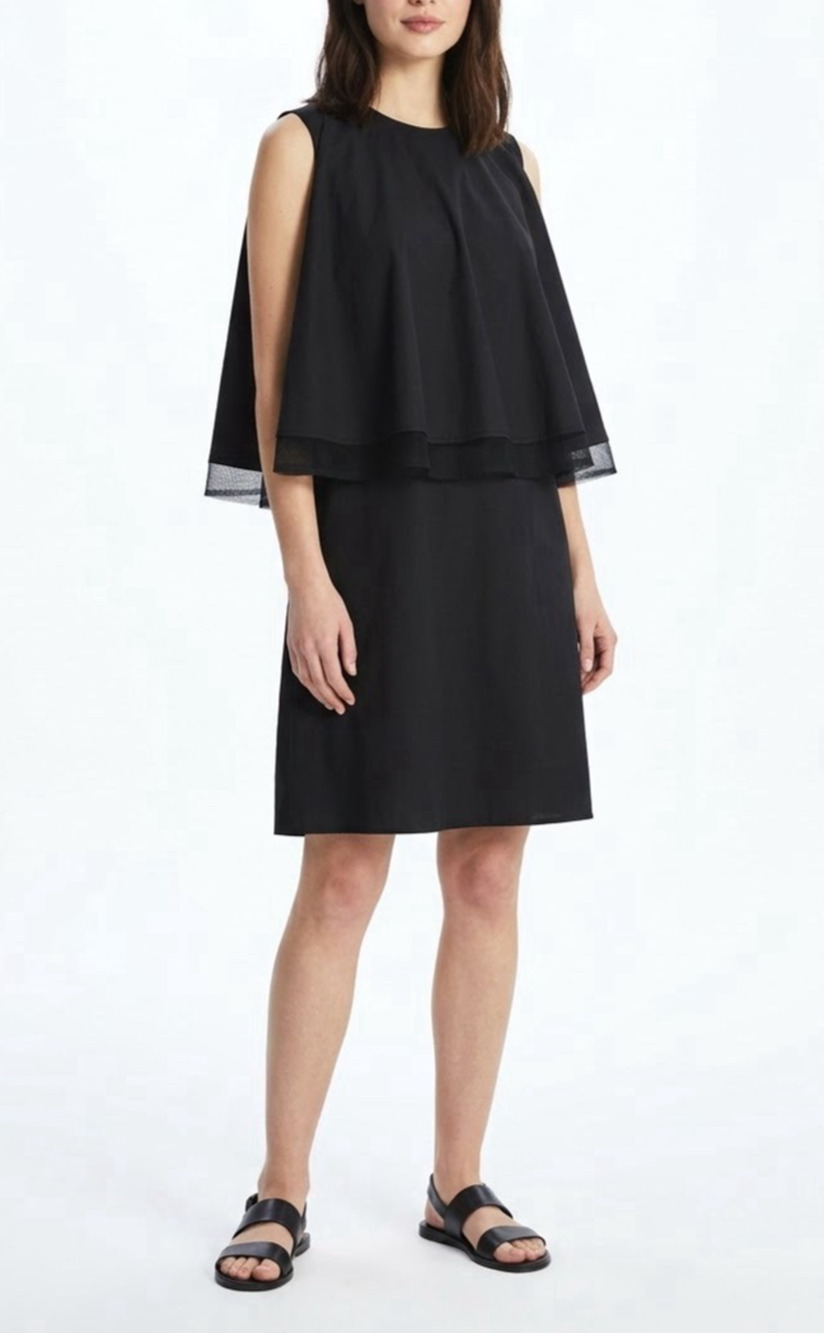 Hache Dress Crew Neck Sleeveless Cotton Black Layered Shift Capelet 44 L